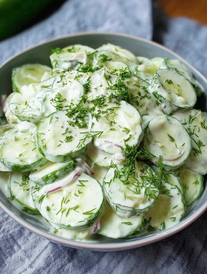 Cucumber salad with creamy dressing served in a bowl, garnished with herbs.