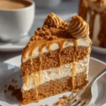 Decadent moist Biscoff Cake with drizzled caramel and cookie crumbs.