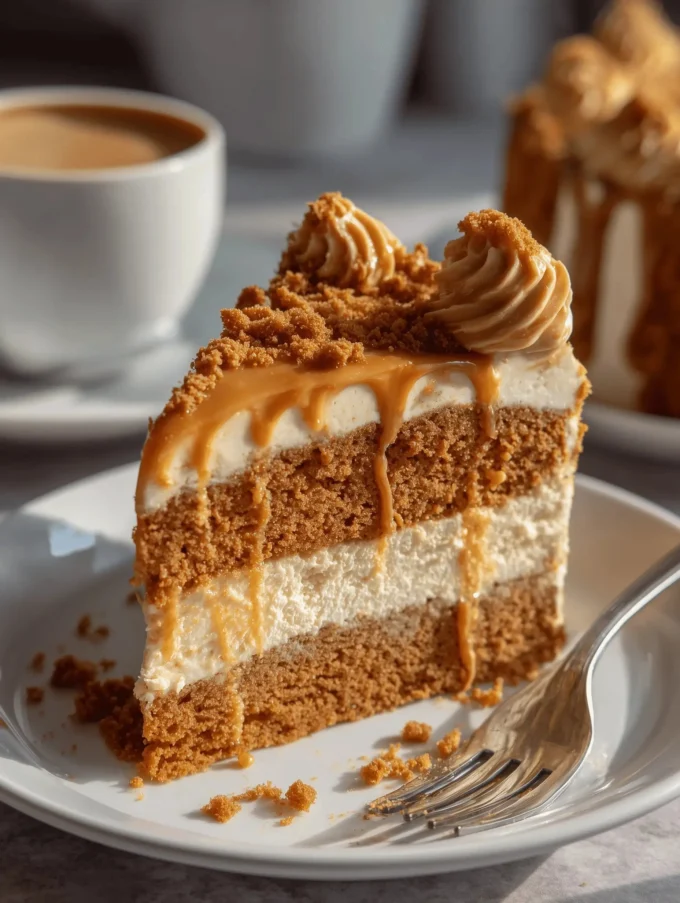 Decadent moist Biscoff Cake with drizzled caramel and cookie crumbs.