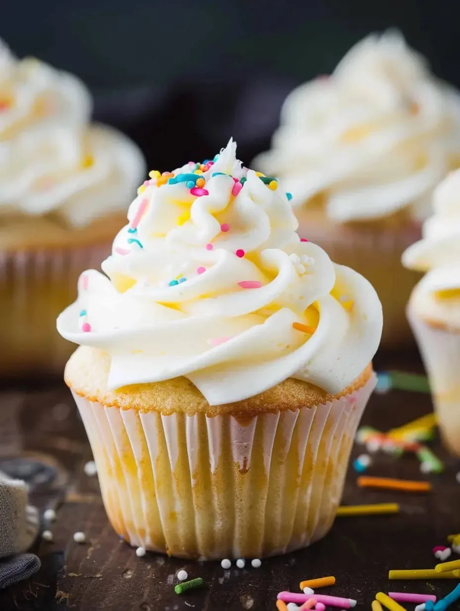 Fluffy vanilla cupcakes with buttercream frosting on a decorative plate