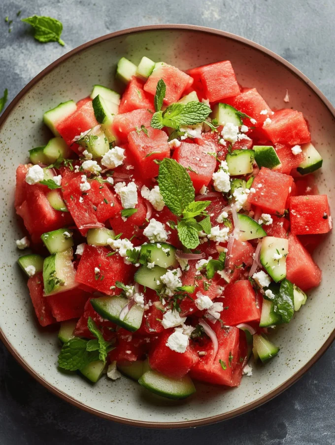 Fresh watermelon salad with feta cheese garnished with mint leaves