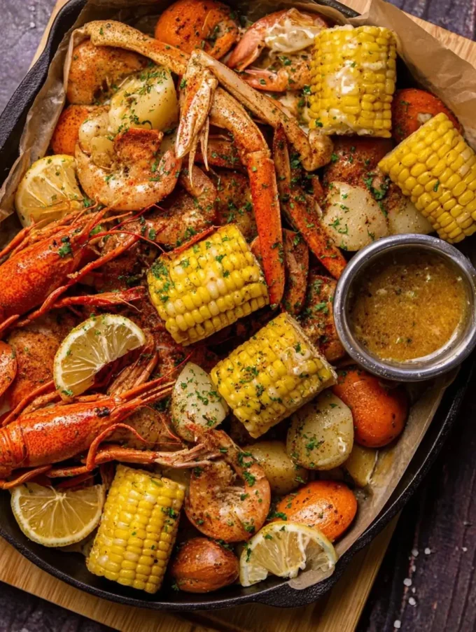 Delicious garlic-butter Cajun seafood boil with shrimp, crab, and corn
