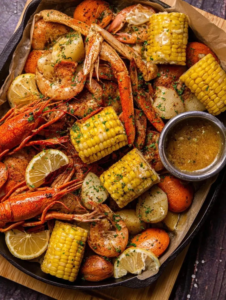 Delicious garlic-butter Cajun seafood boil with shrimp, crab, and corn