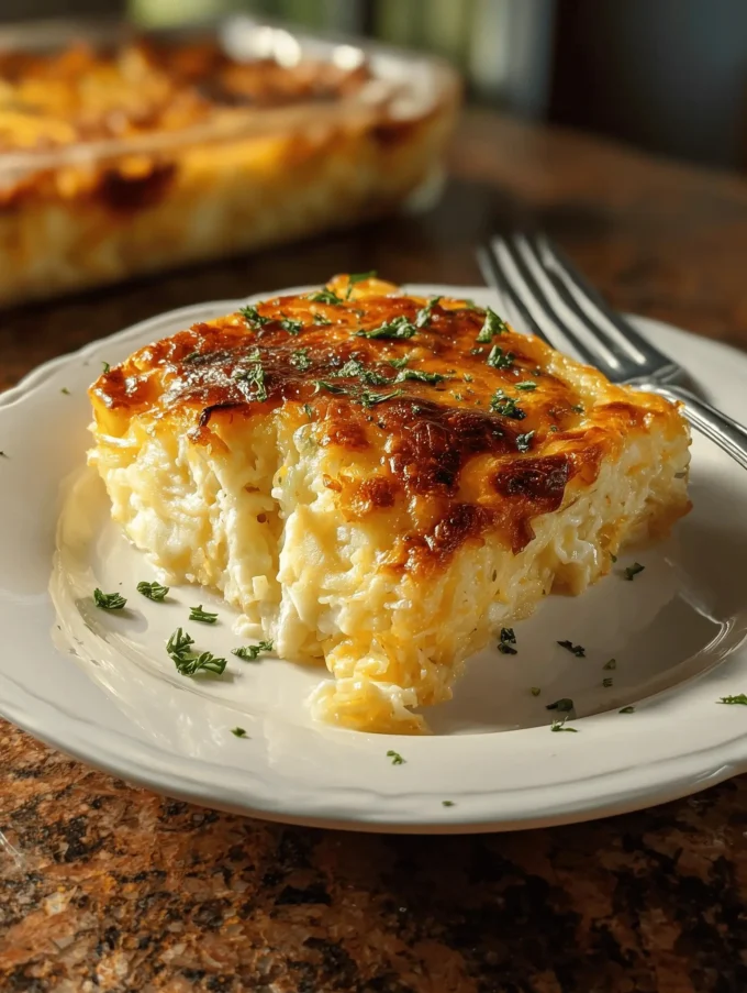 Deliciously baked cheesy hash browns topped with gooey cheese and herbs