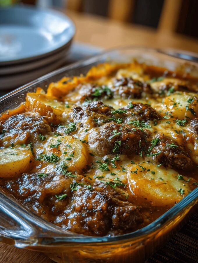 Amish-Style Hamburger Steak Bake with Potatoes and Gravy