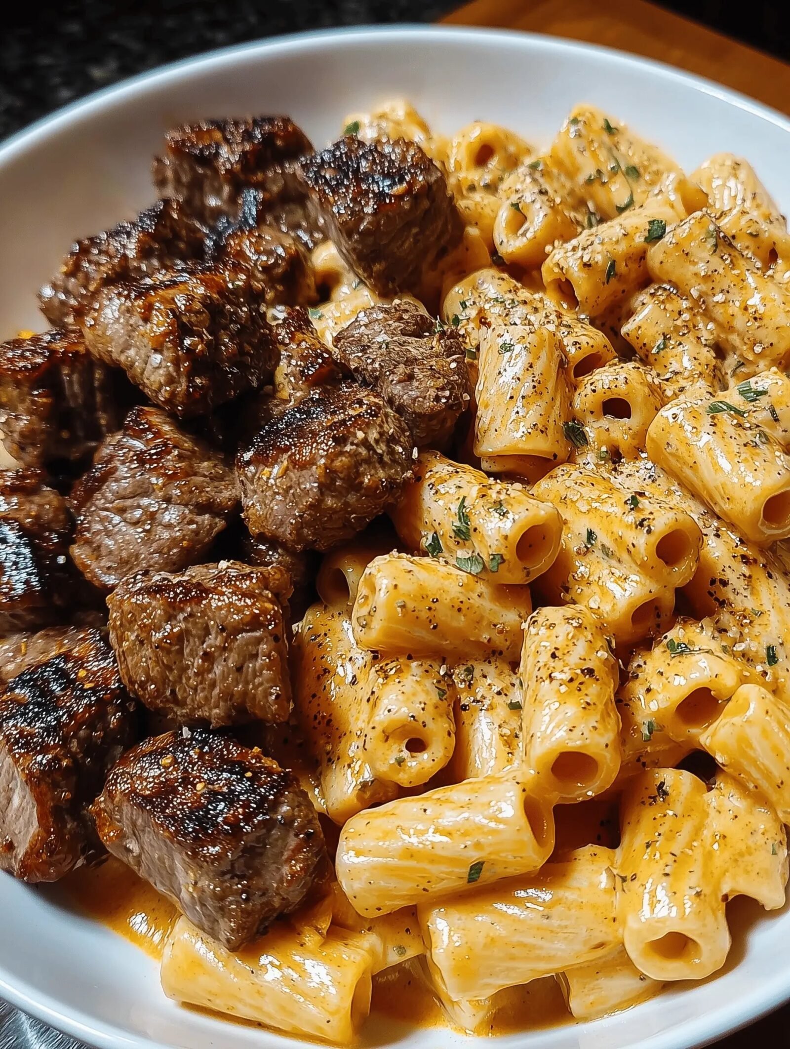 Cajun Steak Tips with Cheesy Parmesan Rigatoni