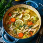 Healthy chicken soup in a bowl with fresh herbs and vegetables.
