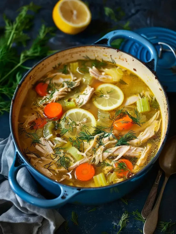 Healthy chicken soup in a bowl with fresh herbs and vegetables.