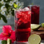 A refreshing glass of homemade hibiscus ginger iced tea with garnishes.