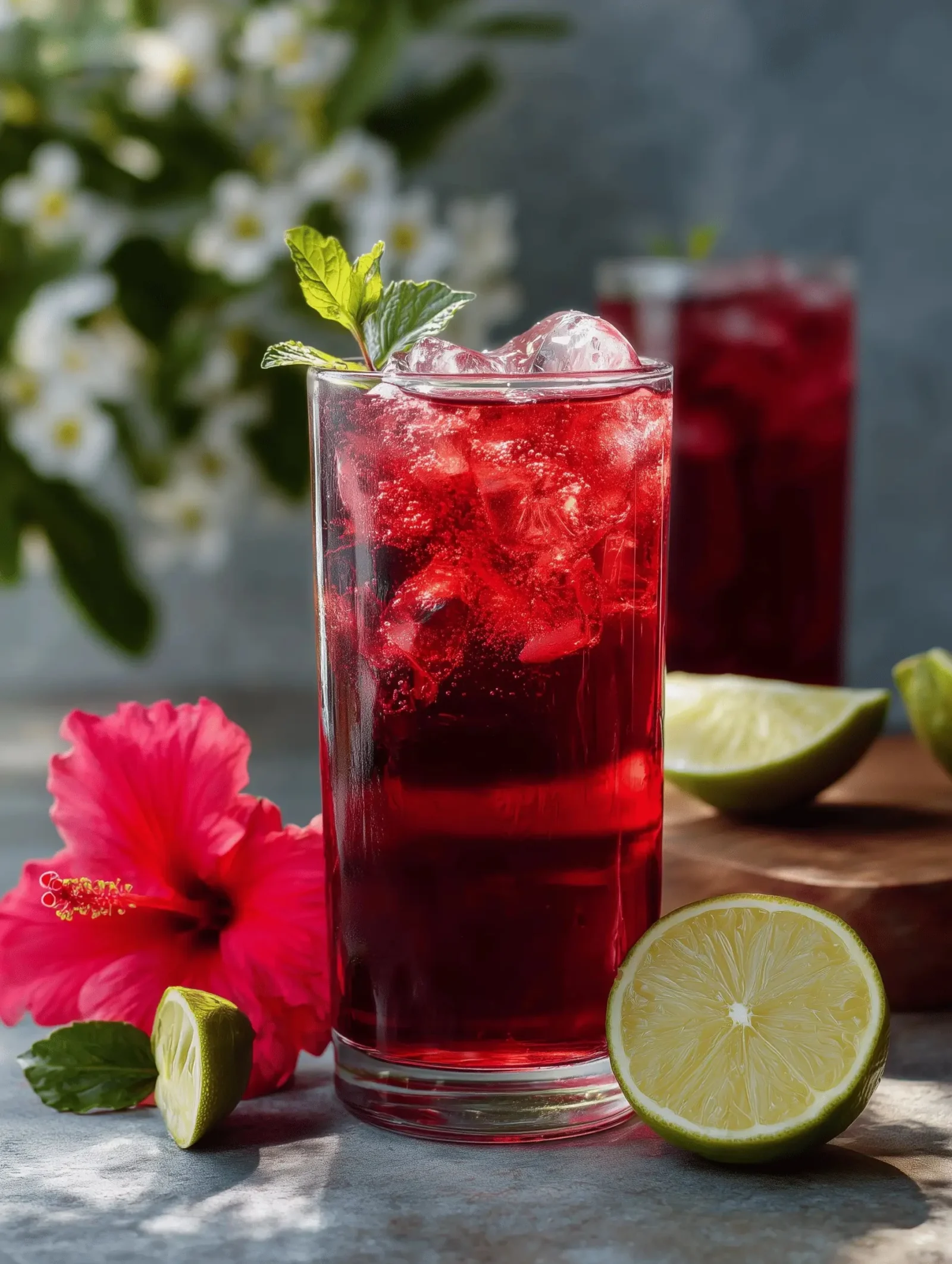 A refreshing glass of homemade hibiscus ginger iced tea with garnishes.