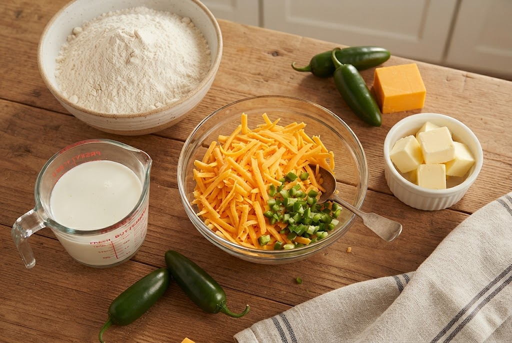 Ingredients for Cheddar Jalapeno Biscuits including flour, shredded sharp cheddar, chopped jalapenos, buttermilk, and butter on a wooden surface.
