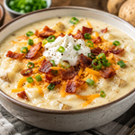 Creamy Loaded Baked Potato Soup topped with cheddar cheese, crispy bacon, sour cream, and green onions