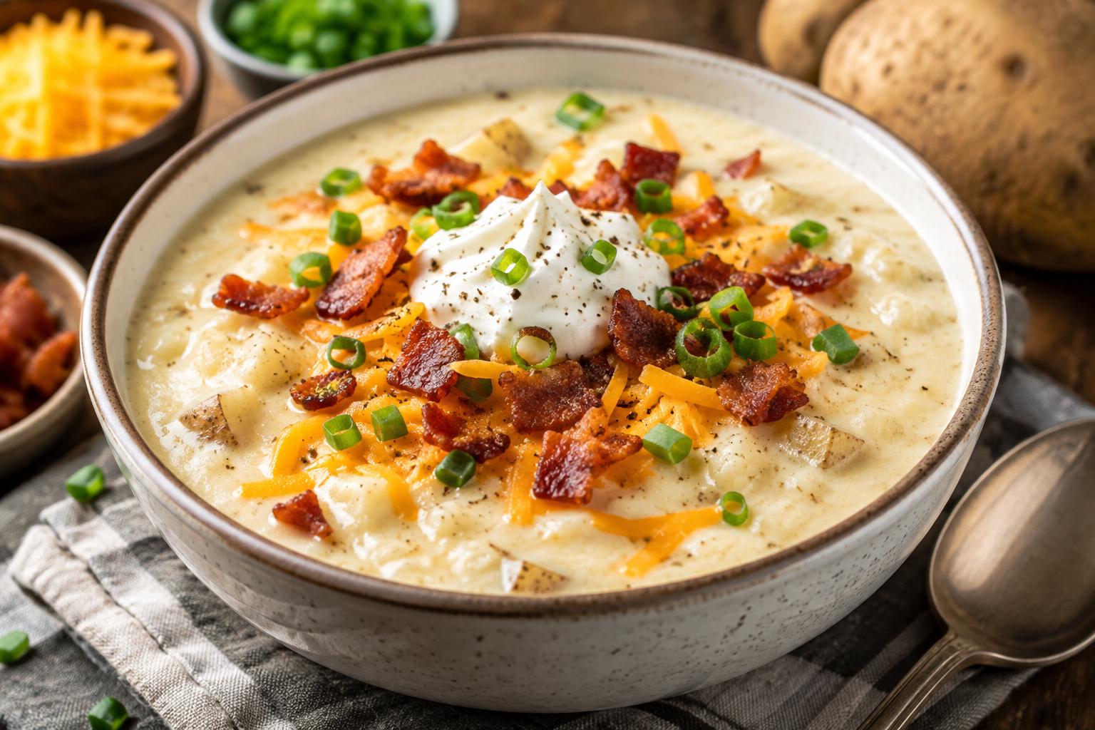 Creamy Loaded Baked Potato Soup topped with cheddar cheese, crispy bacon, sour cream, and green onions