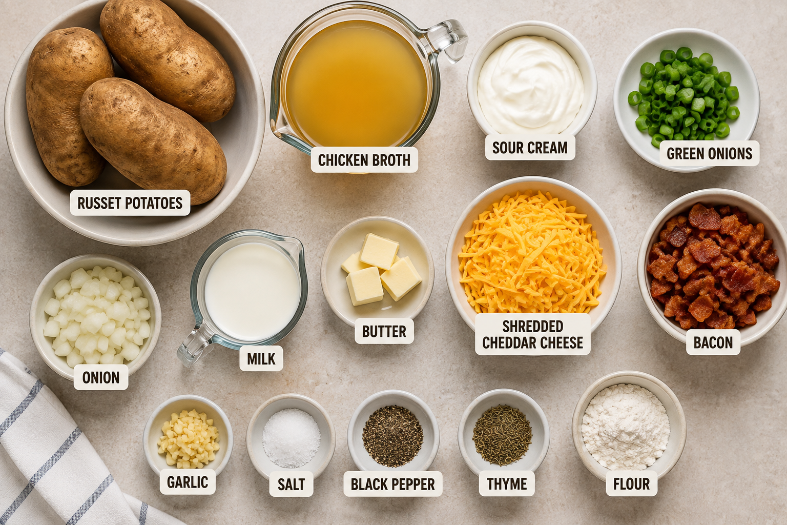 Ingredients for Loaded Baked Potato Soup including russet potatoes, chicken broth, sour cream, cheddar cheese, bacon, milk, butter, onion, garlic, and seasonings