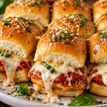 Chicken Parmesan Sliders with crispy chicken, marinara sauce, melted mozzarella, Parmesan, and fresh basil