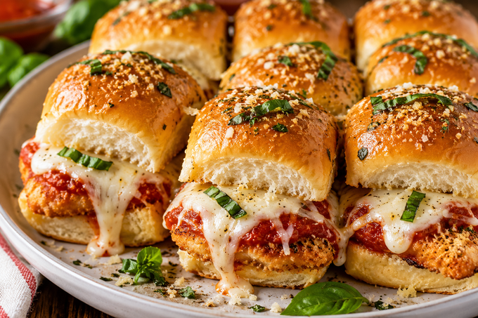 Chicken Parmesan Sliders with crispy chicken, marinara sauce, melted mozzarella, Parmesan, and fresh basil