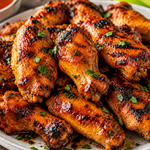 Grilled Chicken Wings with Spicy Butter Glaze, charred edges, fresh parsley, and lime wedges