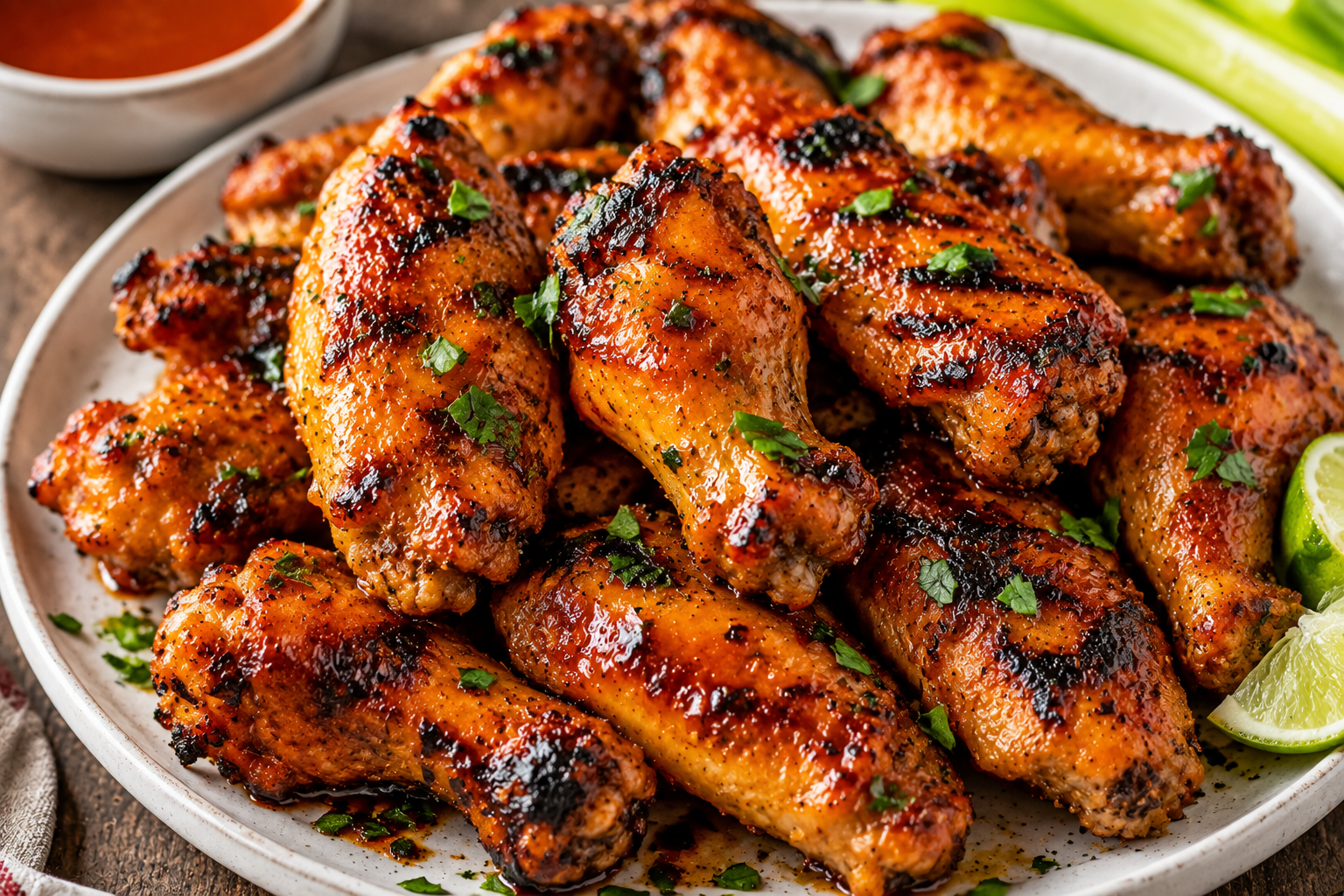 Grilled Chicken Wings with Spicy Butter Glaze, charred edges, fresh parsley, and lime wedges