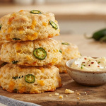 A stack of freshly baked Cheddar Jalapeno Biscuits on a wooden board with a small bowl of butter and a knife.