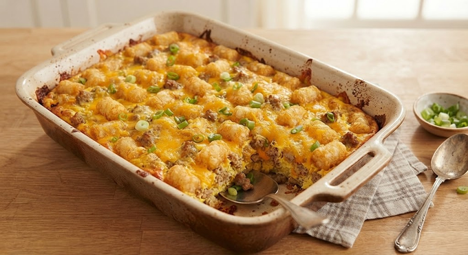 A close-up of a baked Tater Tot Sausage Breakfast Casserole in a 9x13 baking dish, showing layers of tots, sausage, and melted cheese.