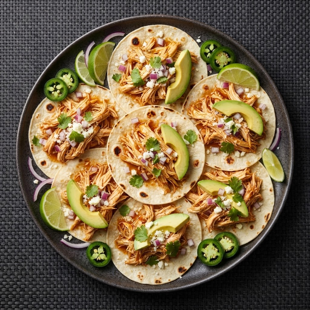 Delicious slow cooker shredded chicken tacos served on a plate with toppings