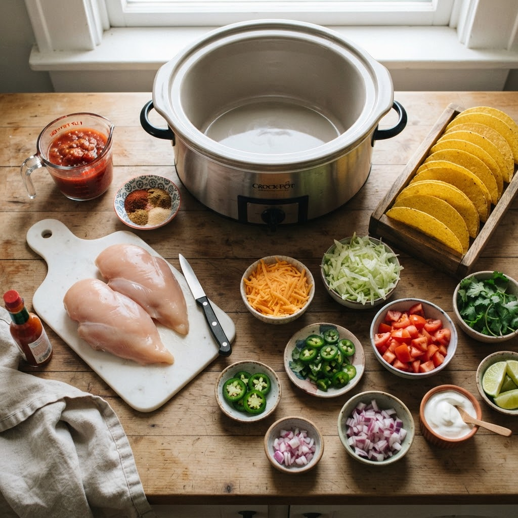 A top-down view of fresh ingredients and an empty slow cooker arranged on a wooden kitchen table for making crockpot shredded chicken tacos, including raw chicken breasts on a cutting board, taco shells, salsa, and various bowls of toppings.