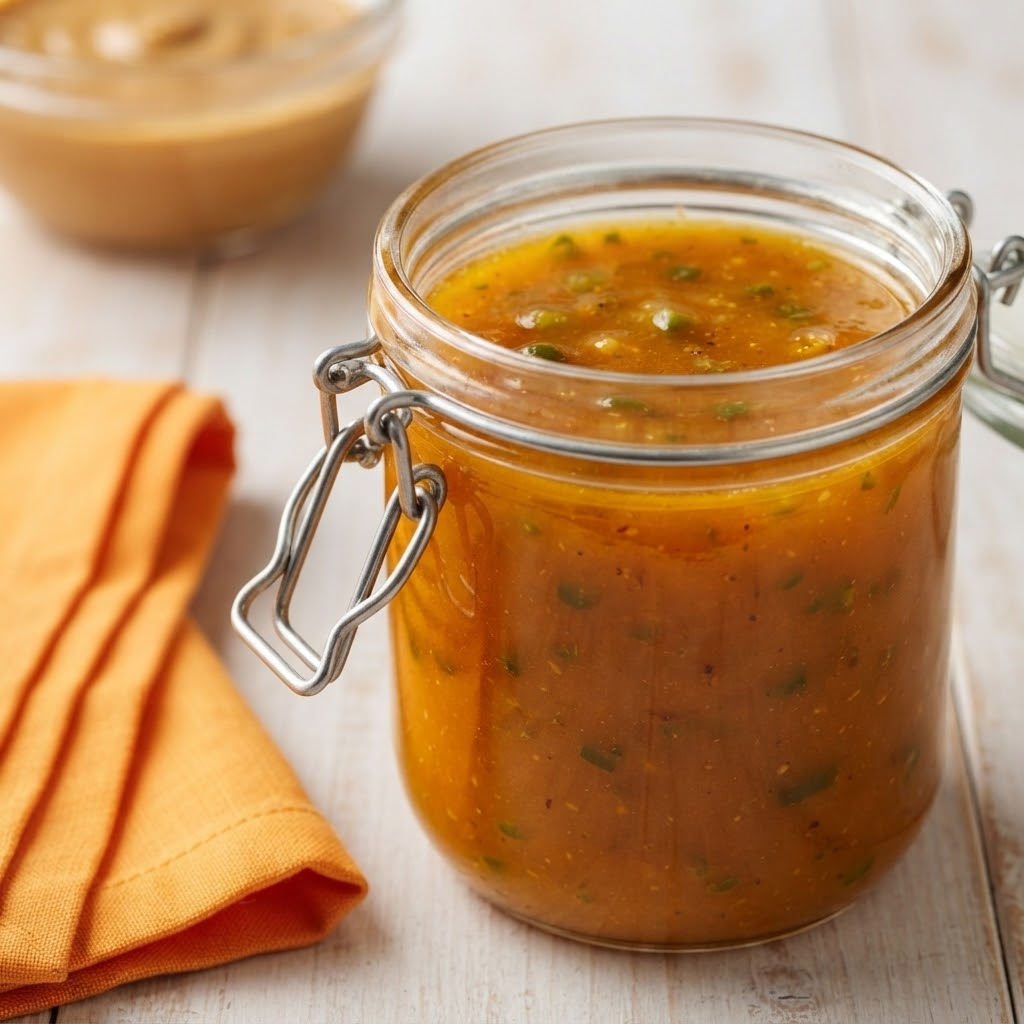 A close-up view of a clear glass jar filled with glossy, golden-orange jalapeno apricot sauce, featuring visible green jalapeno flecks, a metal clamp lid, and a bright orange napkin on a rustic wooden surface.