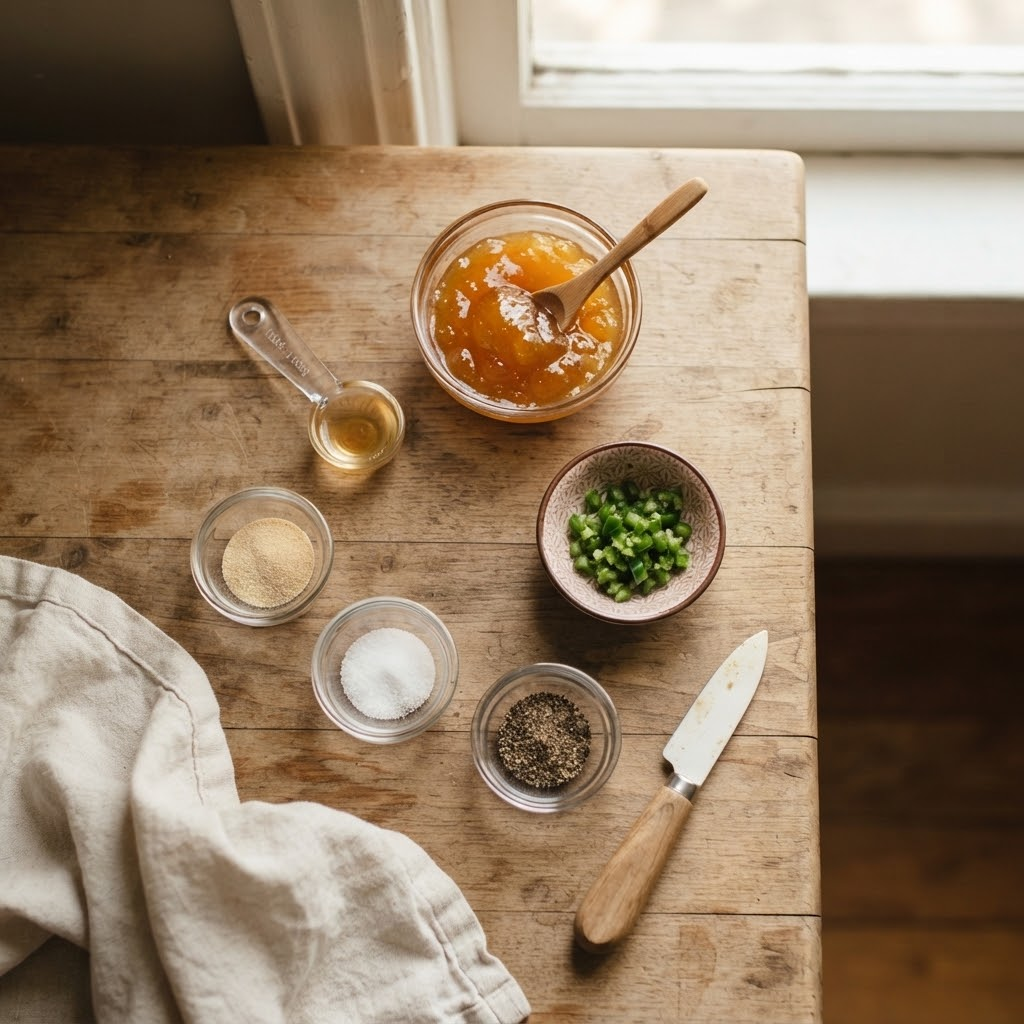 Overhead view of a rustic wooden kitchen counter with measured ingredients for jalapeno apricot sauce, including apricot preserves, minced jalapenos, and spices in small bowls.