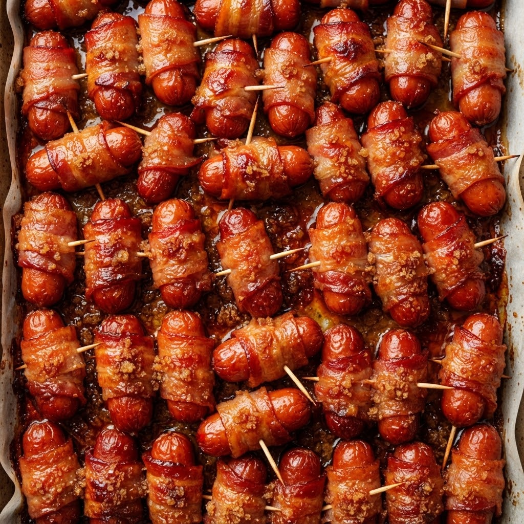 A close-up, straight-down view of a baking tray filled edge-to-edge with freshly baked brown sugar bacon little smokies, showcasing glossy caramelized bacon, crisp ridges, sprinkled brown sugar crystals, and toothpicks.