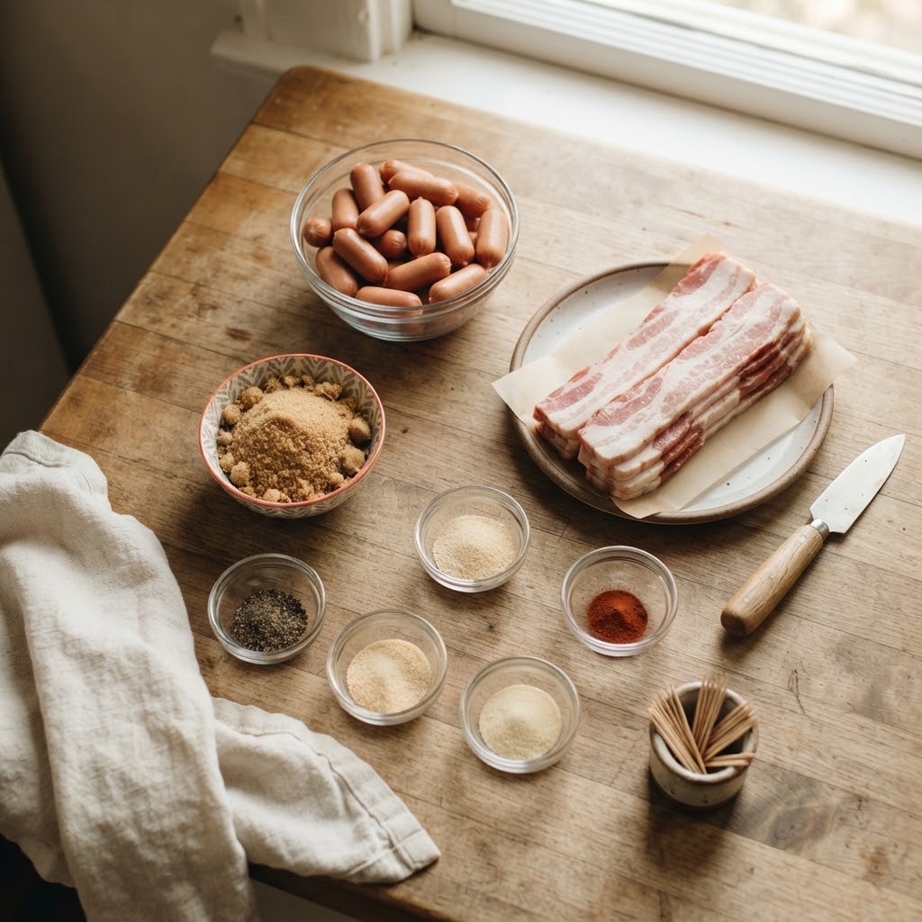 A top-down view (flat lay) of all the ingredients needed to make brown sugar bacon little smokies, arranged on a rustic wooden table. Includes a bowl of cocktail sausages, a plate of sliced bacon, a bowl of brown sugar, and four small bowls of various spices (black pepper, garlic powder, and chili powder/paprika), along with a paring knife and a cup of toothpicks.