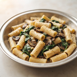 Close-up shot of creamy parmesan spinach mushroom rigatoni pasta in a silver bowl with sautéed mushrooms and fresh greens