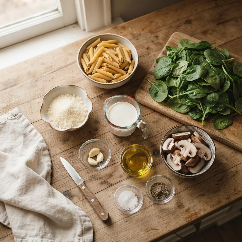 Flat lay of ingredients for creamy parmesan spinach mushroom pasta on a rustic wooden table, including pasta, fresh spinach, mushrooms, and cream