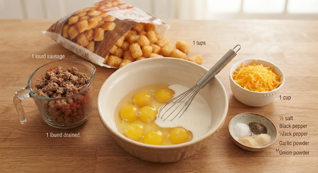 A top-down view of the ingredients for Tater Tot Sausage Breakfast Casserole laid out on a wooden counter, including a bag of frozen tater tots, cooked sausage, eggs, milk, shredded cheddar cheese, salt, black pepper, garlic powder, and onion powder.