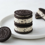 Close-up of stacked homemade Oreo cheesecake bites on a white plate with cookies and cream filling