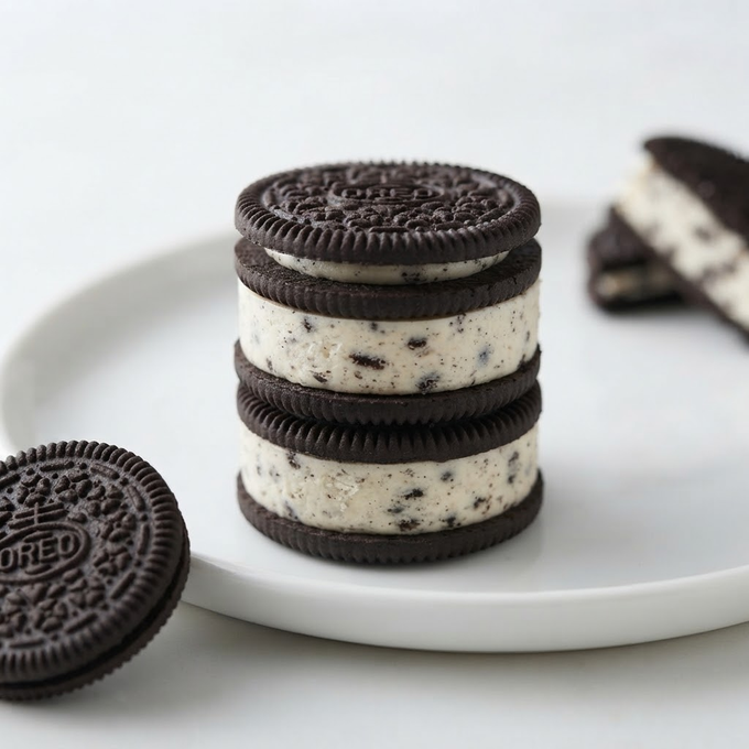 Close-up of stacked homemade Oreo cheesecake bites on a white plate with cookies and cream filling