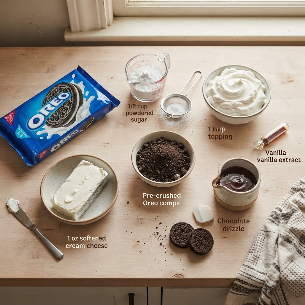 Overhead flat lay of ingredients for Oreo cheesecake bites on a wooden table, featuring Oreo cookies, cream cheese, whipped topping, and powdered sugar