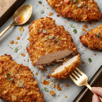 Delicious cornflake-crusted chicken served with a side of vegetables