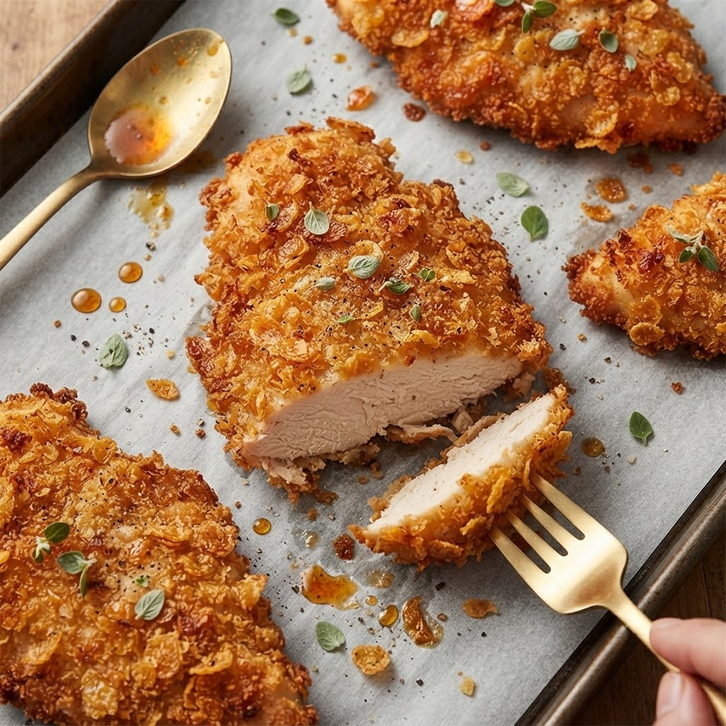 Delicious cornflake-crusted chicken served with a side of vegetables