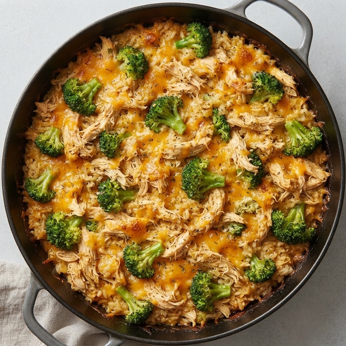 Creamy cheesy chicken and rice casserole served in a baking dish