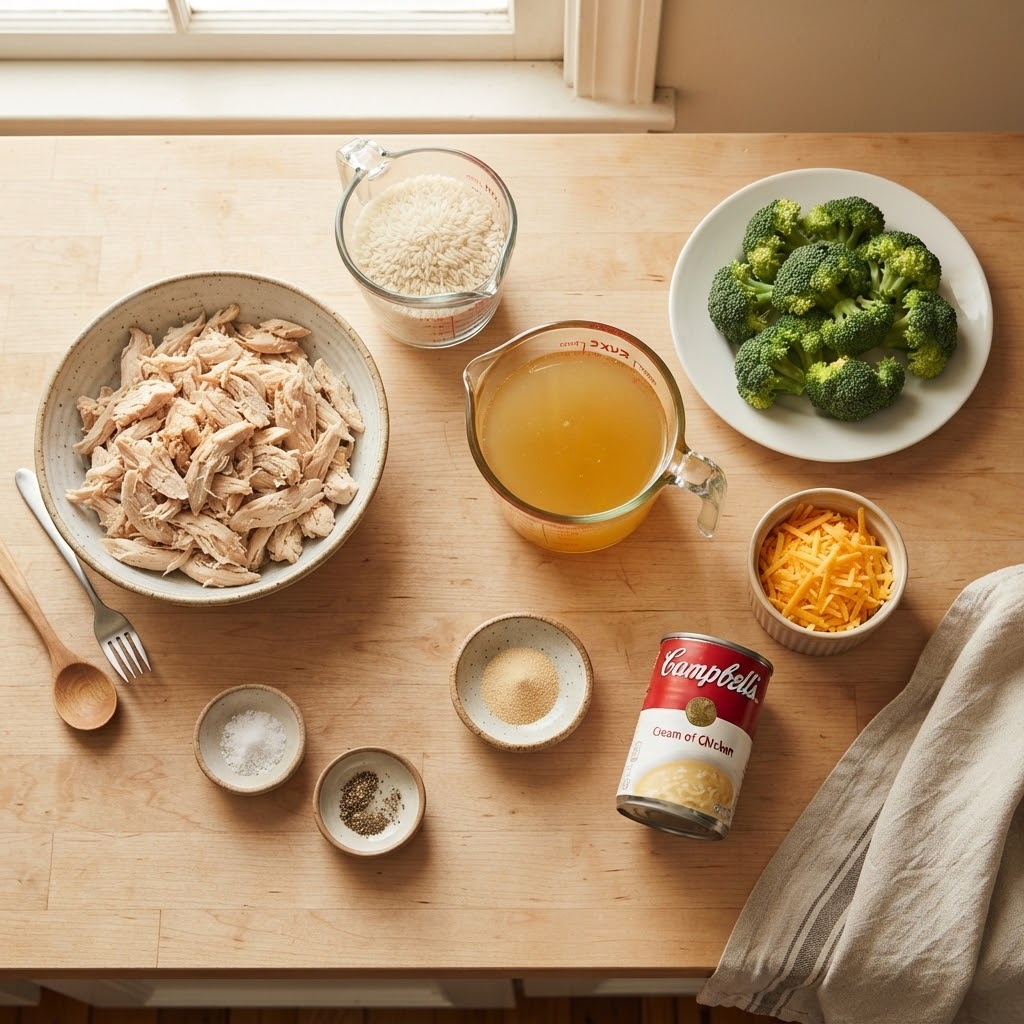 Overhead flat lay of ingredients for cheesy chicken and rice casserole on a wooden table, featuring shredded chicken, rice, chicken broth, broccoli, and cheddar cheese