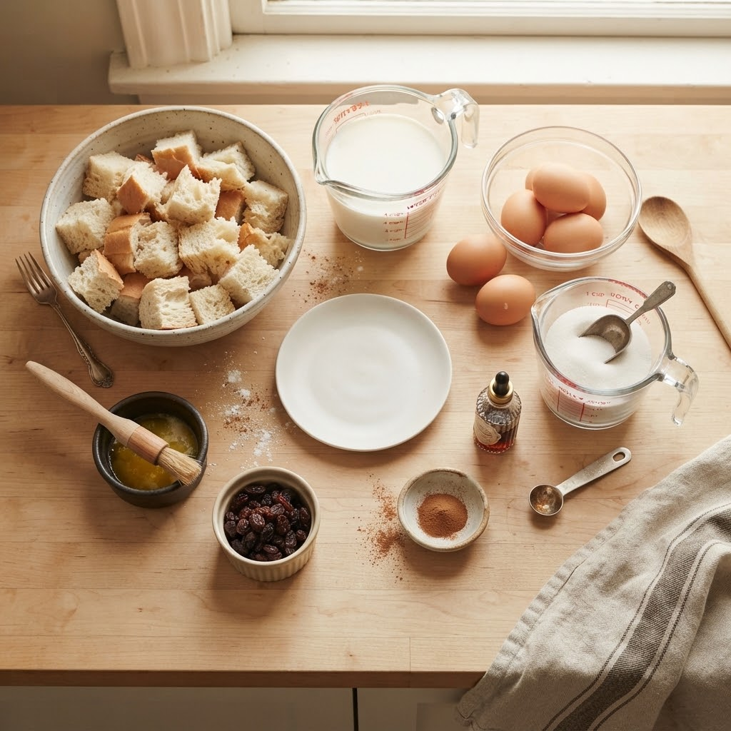 Overhead flat lay of ingredients for homemade bread pudding on a wooden table, featuring cubed bread, milk, eggs, sugar, butter, and raisins