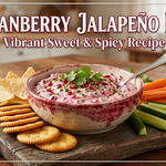 Cranberry Jalapeno Dip featured image showing a bowl of creamy pink dip with crackers, tortilla chips, and veggie sticks, with the text overlay "Cranberry Jalapeño Dip Vibrant Sweet & Spicy Recipe