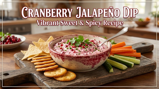 Cranberry Jalapeno Dip featured image showing a bowl of creamy pink dip with crackers, tortilla chips, and veggie sticks, with the text overlay "Cranberry Jalapeño Dip Vibrant Sweet & Spicy Recipe