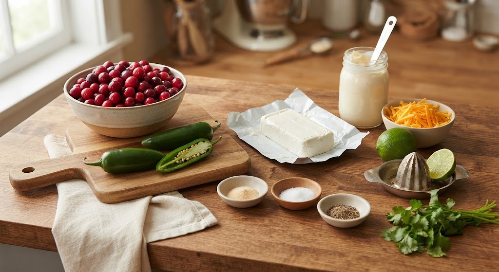 A beautifully arranged flat-lay of raw ingredients for Cranberry Jalapeno Dip on a rustic wooden counter, including fresh cranberries, whole and sliced jalapenos, cream cheese, mayonnaise, shredded cheddar cheese, lime, cilantro, garlic powder, salt, and pepper.
