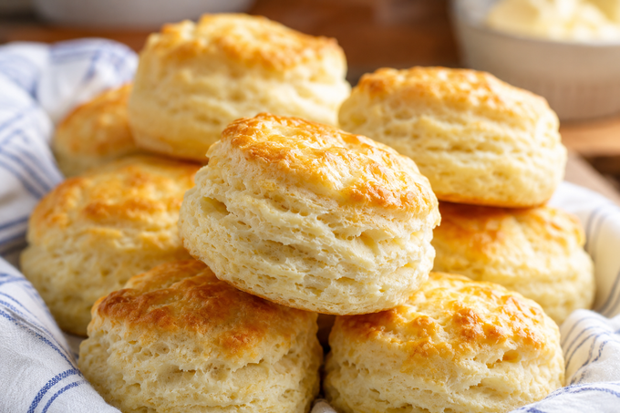 Flaky homemade buttermilk biscuits with golden tops and soft layered centers