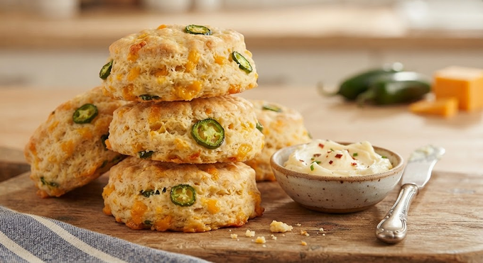 A stack of freshly baked Cheddar Jalapeno Biscuits on a wooden board with a small bowl of butter and a knife.