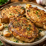 Garlic Parmesan Pork Chops with a golden crispy Parmesan crust and fresh parsley