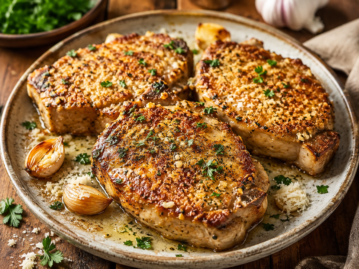 Garlic Parmesan Pork Chops with a golden crispy Parmesan crust and fresh parsley