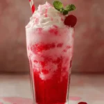 Glass of Italian Cream Soda topped with whipped cream and cherry