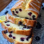 Delicious lemon-blueberry bread cake slice on a plate.